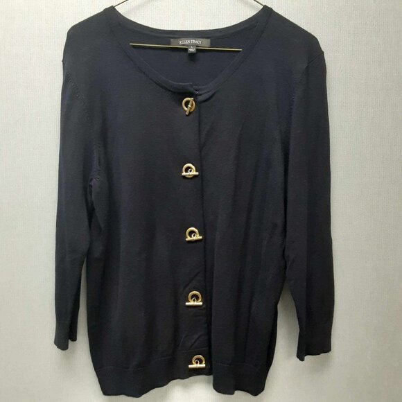 Ellen Tracy Black Cardigan with gold Toggle Closures long sleeved Size Large - Picture 1 of 8